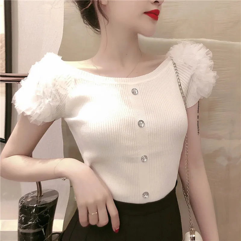 

Shoulder Flower Soild Knitted Single Button 3D Flower Sleeve Jumper Tops Sweaters Pretty Girls Woman Knit Pullovers Sexy Ladies