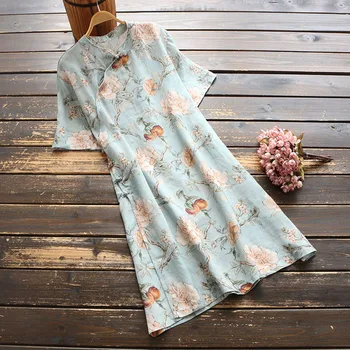 

new summer women retro Chinese style ramie floral dress refreshing short sleeve dress