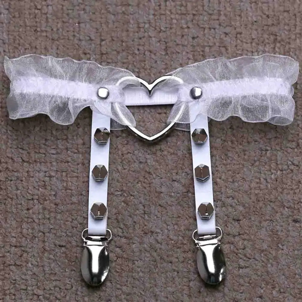 Кружевные подвязки для ног для женщин и девочек, регулируемые подвязки для ног в форме сердца для девочек, косплей готические украшения - Окраска металла: white