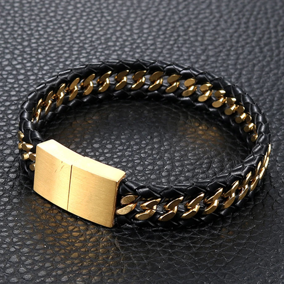 

Hip Hop Golden Stainless Steel Cuban Link Chain Men's Bracelet Male Jewelry With Black PU Leather Weaved Bracelets & Banlge