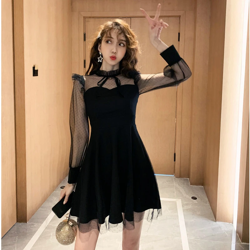 

Large Size Black Vintage Polka Dot Dress Women Mesh Patchwork Corset A-Line Solid Ladies Dresses Casual Modis Autumn Dress Women