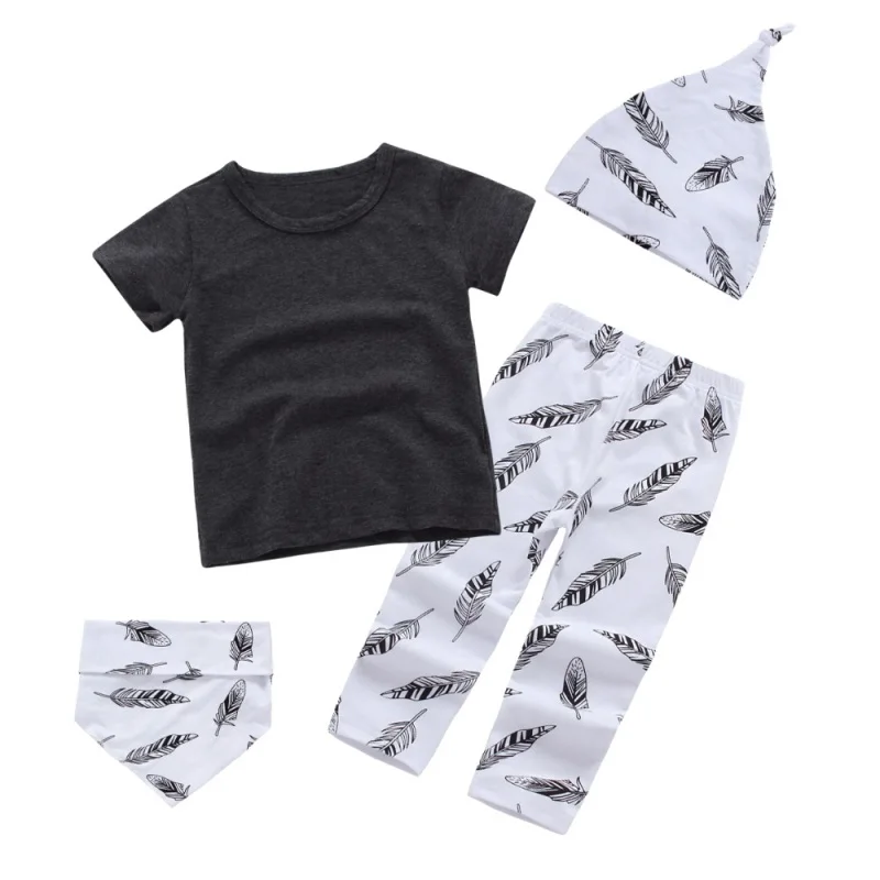 Hilittlekids/Летняя одежда для маленьких мальчиков футболка с короткими рукавами+ штаны+ шапка+ нагрудник, 4 предмета, одежда для малышей Детская одежда для малышки