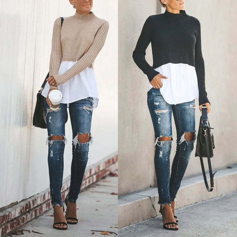 

Knit Sweater Women's Fashion Personality Hem Long-Sleeved Round Neck Simple And Comfortable Autumn And Winter New Warm