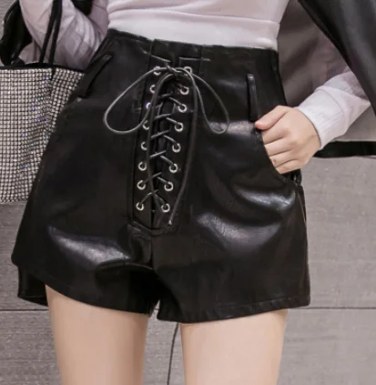 black shorts Повседневные женские короткие штаны трапециевидной формы, новинка, зимние черные шорты с высокой талией, стильные женские свободные короткие брюки на шнуровке - Цвет: black shorts
