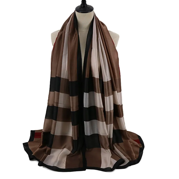 Fashion printed women scarf muslim hijab silk long pashmina grid female foulard Wholesale - Цвет: Коричневый