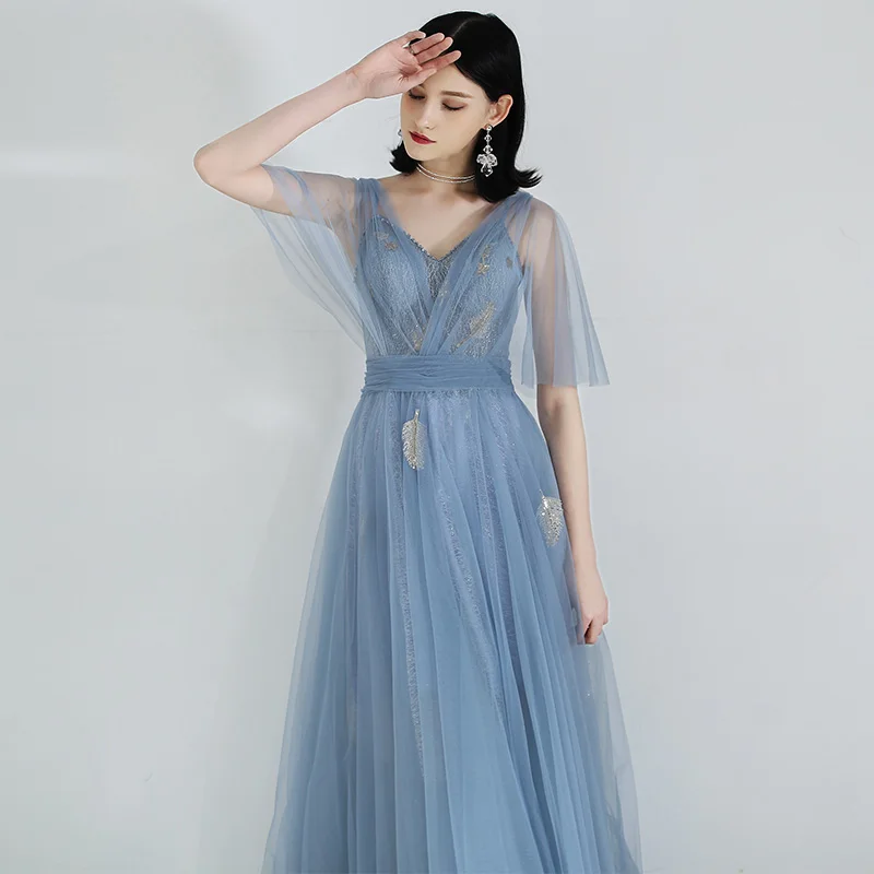 Abendkleider Robe De Soiree вечернее платье длинное тюль с блестками Короткий рукав Формальные платья Abiye Gece Elbisesi