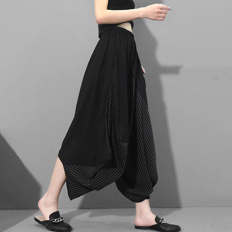 [EAM] High Elastic Waist Black Striped Split Long Harem Trousers New Loose Fit Pants Women Fashion Tide Spring Autumn 2020 1Z313