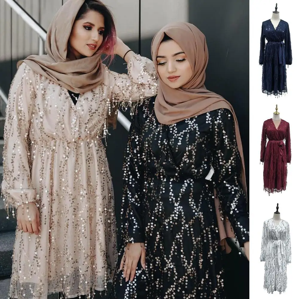 Muslim Women Sequins Tassel Long Sleeve Casual Blouse Tops Shirt Dress V-neck Islamic Clothing Party Evening Abaya Kaftan Dubai |