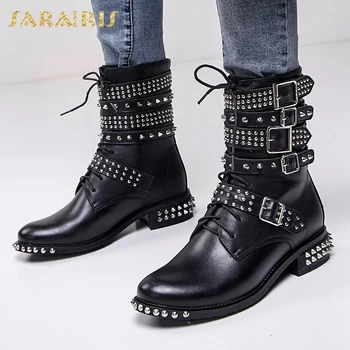 

Sarairis 2020 New Arrivals Motorcycle Boots Woman Shoes Genuine Cow Leather Rivet INS Hot Top Quality Luxury Booties Ladies