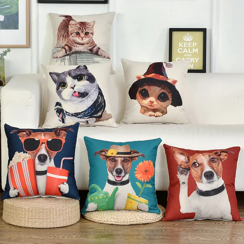 

Lovely Dog And Cat Pillow Cover Cotton Linen Cartoon Cushion Covers Animal Pillow Case For Home Sofa Decorations Pillowcase