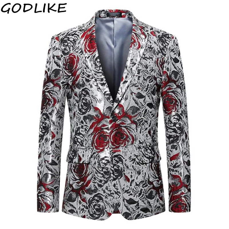 

Luxury Sliver Blazer For Men 2019 Slim Fit Mens Floral Print Blazer Jacket British Style Prom Party Wedding Suit Coats 5XL 4XL