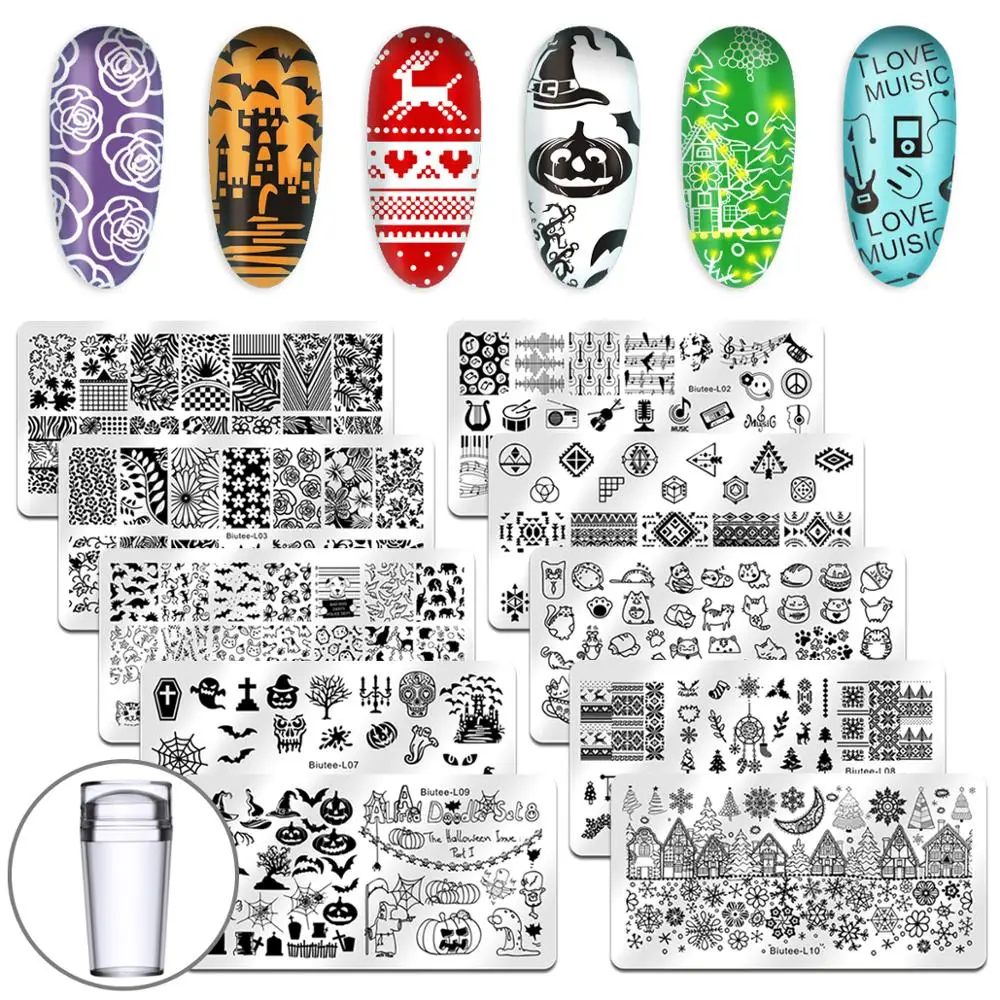 Biutee, 10 шт. пластинки для ногтей, дизайнерские наборы, штамповочные пластины, лаки для маникюра, Рождество, геометрические, Хэллоуин, животный узор - Цвет: Белый