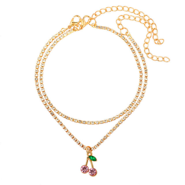 Red Big Rhinestone Cherry Anklet Bracelet For Women Bling Bling Crystal Fruit Tennis Ankle Chain Punk Party Jewelry Gifts