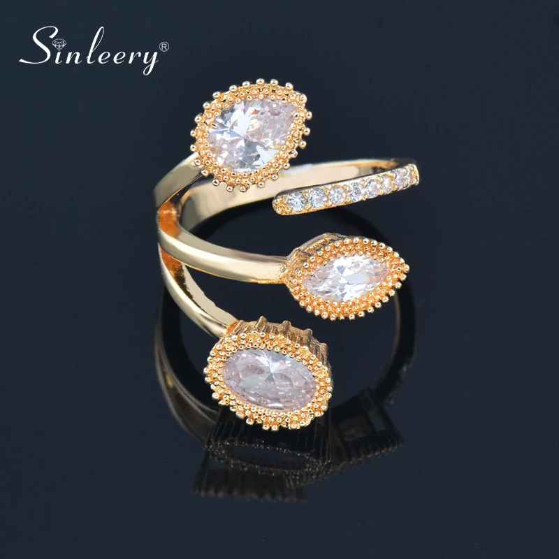 SINLEERY Shining Crystal Leaf Open Rings For Women Lady Gold Silve Color Wedding Party Jewelry Adjustable Size JZ018 SSI | Украшения и