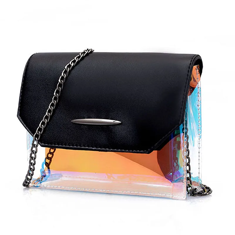 

Fashion Transparent Plastic Chain Small Square Bag Vintage Pu Leather Shoulder Messenger Bag Female Black