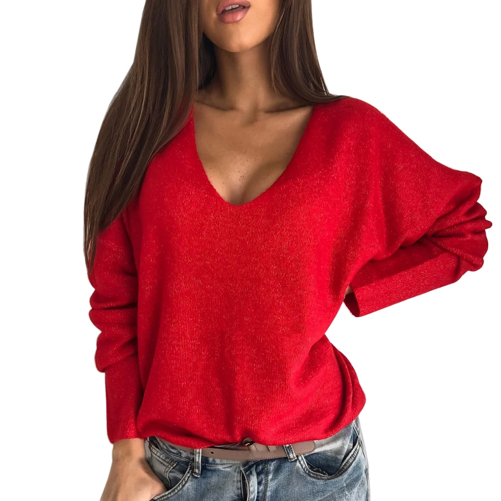 Puimentiua, сексуальный вязаный свитер с v-образным вырезом, женский осенний свитер с длинным рукавом, яркие базовые Топы, свободные женские свитера и пуловеры - Цвет: red