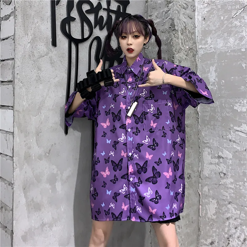 

Summer Women Blouse Oversized Button Up Shirts Butterfly Print Casual Tops Short Sleeve Plus Size Shirts Female Streetwear Blusa