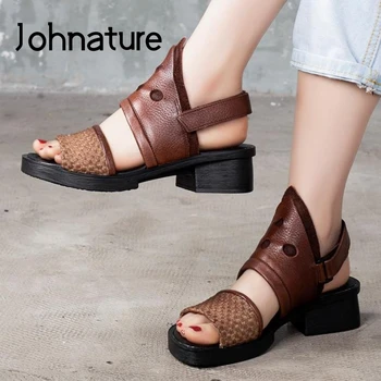 

Johnature 2020 New Sandals Women Shoes Genuine Leather Summer Hook & Loop Retro Sewing Casual Handmade Leisure Ladies Sandals