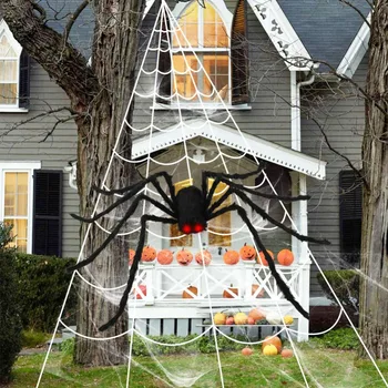 

Halloween Hanging Decoration Giant Stretchy horror black Spider Web with Black Large Spider Terror Party Bar Haunted House Props