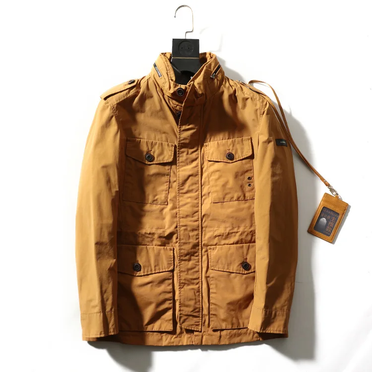 

Outdoor Wear Men Cargo Flock Jacket Khaki Military Army Stand Collar Windbreaker