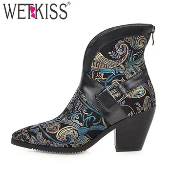 

WETKISS High Heels Boots Women Western Ankle Boot Female Print Shoes Ladies Pointed Toe Snake Skin Shoes Winter Big Size 46