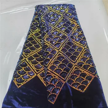 

African Lace Fabric Embroidered Nigerian Sequins Lace Fabric 2021 gold/Lake blue High Quality French Tulle Lace Fabric For Women