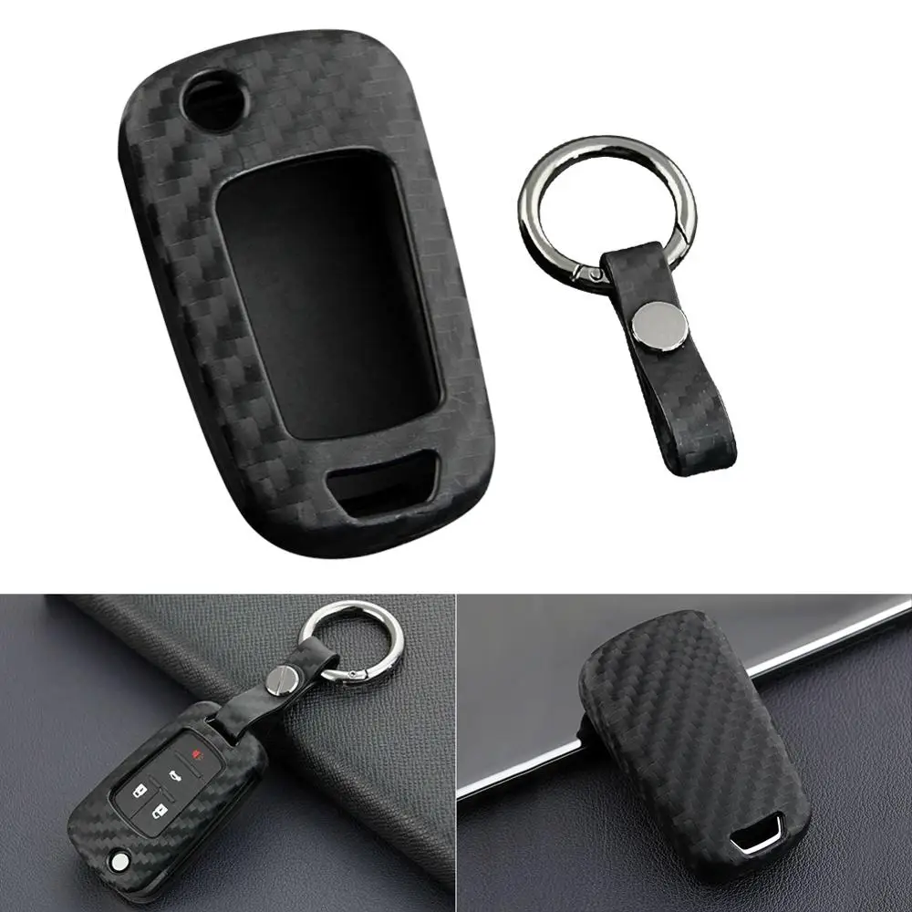 

For Chevy For Buick Flip Car Key Fob Chain Ring Case Cover Carbon Fiber Car Key Cover Bag Accessory