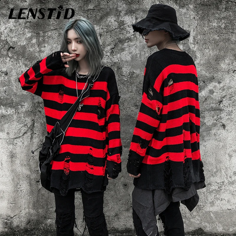 LENSTID осень мужской хип хоп Harajuku красный черный полосатый вязаный свитер с дырками уличная Мужская мода пуловер Свитера