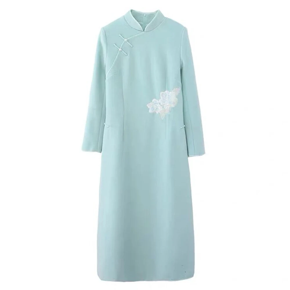 Light green Осеннее шерстяное платье для девушек, китайский стиль, улучшенное, чонсам, дзен, длинное платье с длинным рукавом, Вьетнам, ао дай, женская одежда - Цвет: Light green