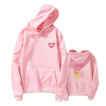 

Harajuku Fleece Sweatshirts Women Strawberry Milk Print Kawaii Hoodies Casual Loose Hooded Pullover Korean Clothes