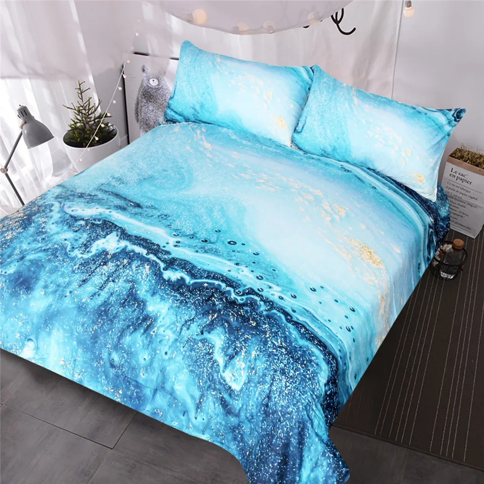 

HM Life Watercolor Bedding Set Golden and Blue Ocean Waves Bed Cover Abstract Printed Bedclothes 3Pcs Quality Duvet Cover Set