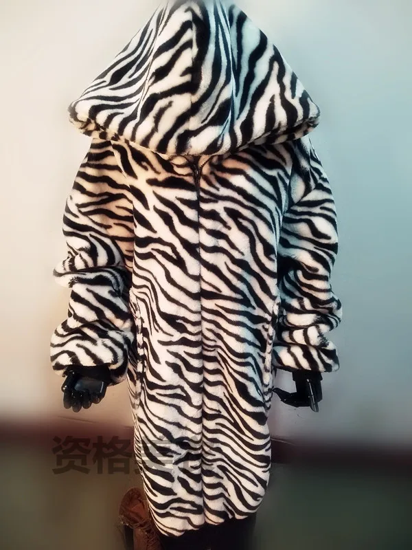 Осень и зима новая имитация меха длинная модная повседневная куртка кроличий мех утолщенное Свободное пальто зебра с капюшоном