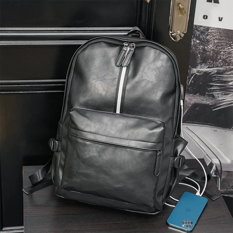 

Casual stripe Backpack Men Waterproof PU Leather school back bag male Computer Laptop bag pack Vintage Large capacity backbag