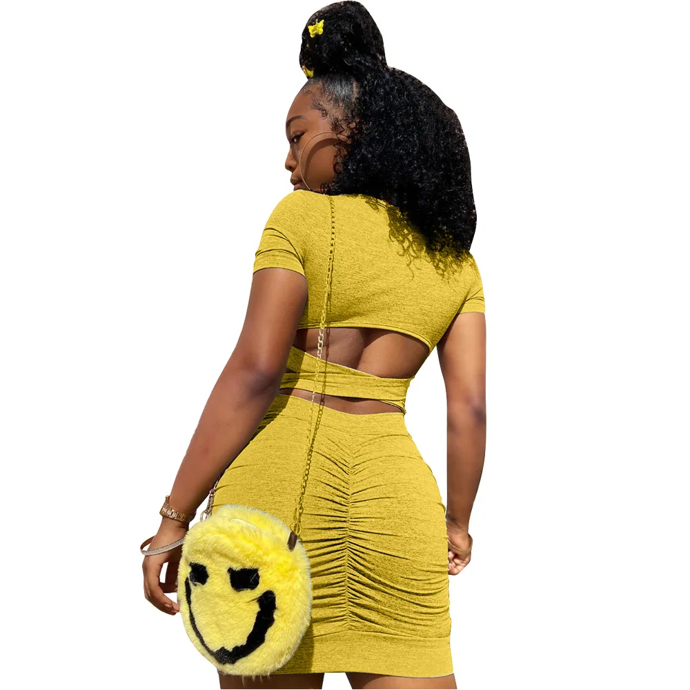 2020 Women Summer Elegant Mini Dress High Waist Cross Open Back Stacked Ruched Midi Bodycon Night Club Party Dresses Vestido