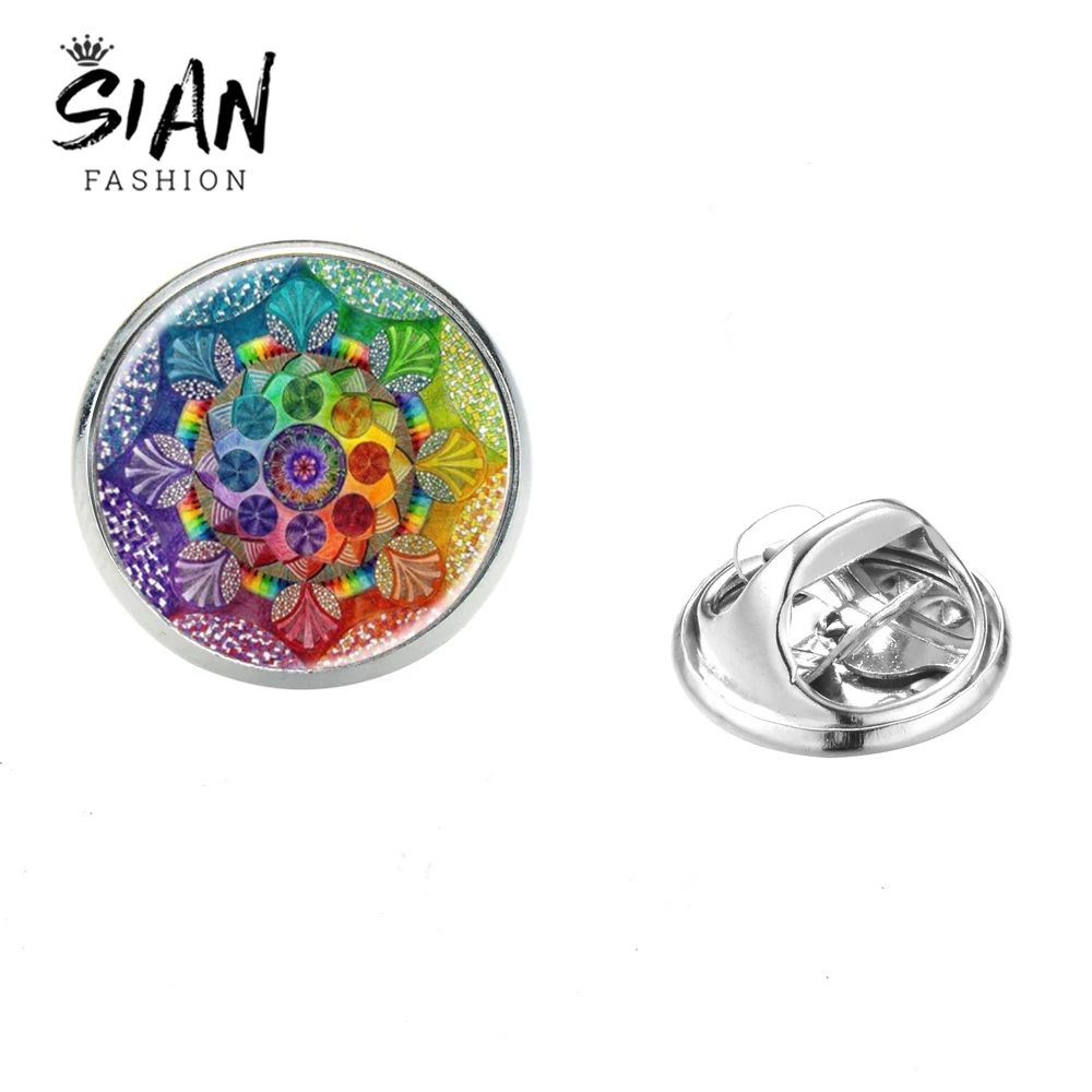 SIAN New Design Vintage Flower Butterfly Brooch Mandala Patterns Yoga Om Symbol Glass Stainless Steel Lapel Pins Meditation Gift | Украшения
