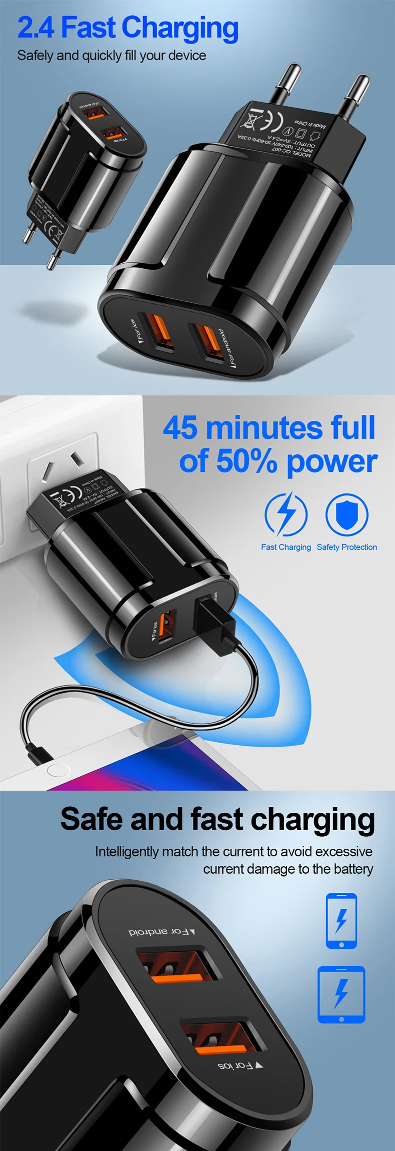 5V 2.4A USB зарядное устройство для iPhone XR XS 8 7 iPad быстрое настенное зарядное устройство адаптер EU/US для samsung S10 Xiaomi Mi 9 зарядное устройство для мобильного телефона