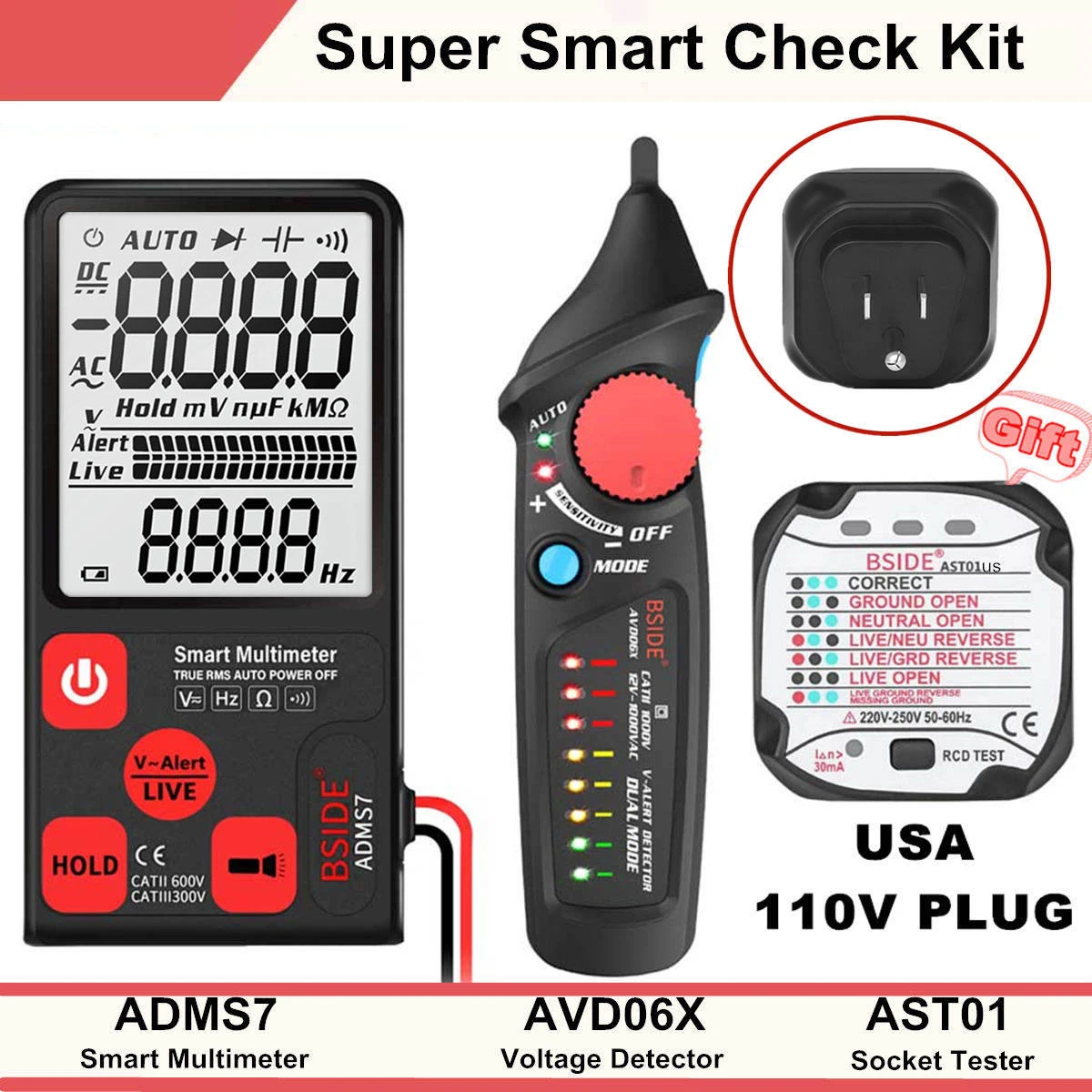 USA Kit ADMS7 Напряжение тестер 3,5 ''большой ЖК-дисплей цифровой Смарт мультиметр 3 он-лайн Дисплей TRMS 6000 отсчетов DMM с Аналоговая гистограмма - Цвет: USA Kit