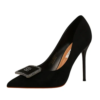 

2019 fashion sexy slimming banquet high heels high heel suede shallow mouth pointed rhinestone buckle women's shoes