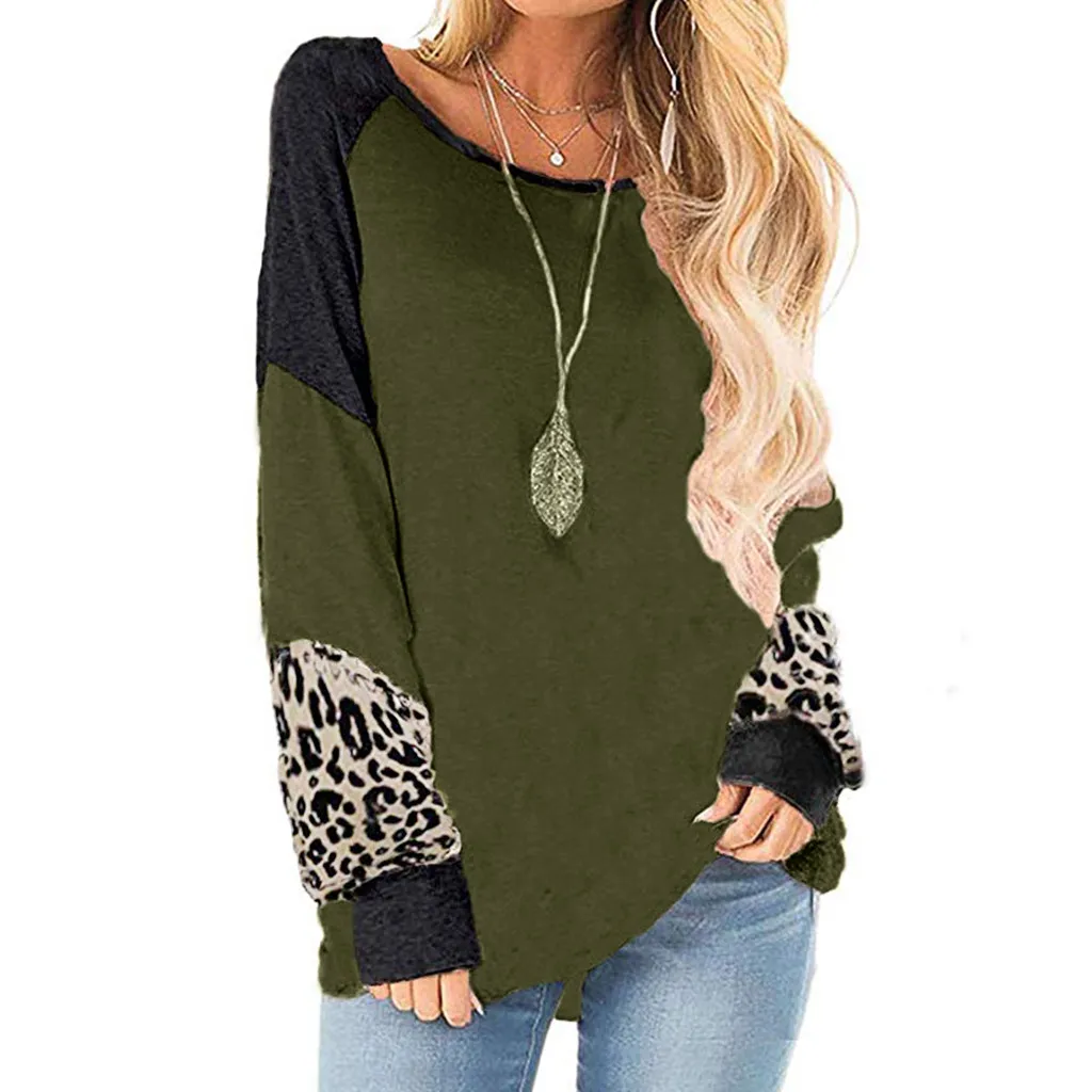 2019 ladies leopard solid color stitching long-sleeved shirt sweater 
