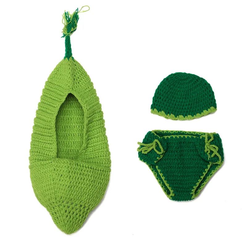 Green Pea Newborn Photography Props Infant Crochet Knitted Hats Shorts Wrap Baby Souvenirs Costume Outfit Photo Shoot Props (5)
