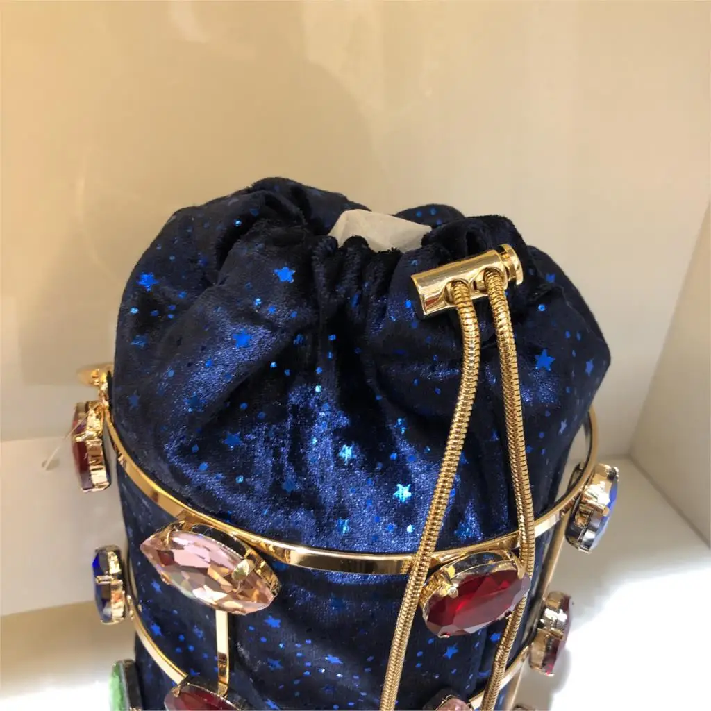 Colorful Diamond Bucket Bag Basket Evening Clutch Bags Women Hollow Out Beaded Alloy Metallic Cage Handbag Purse Ladies Dinner