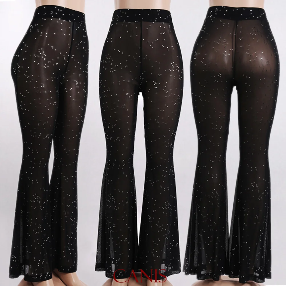 Señoras Transparente Glitter Sequin Flare Pantalones Elásticos