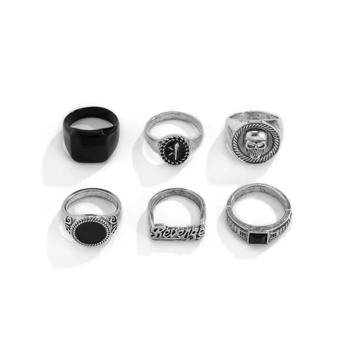 6Pcs Vintage Black Stone Rings for Men Gothic Skeleton Portrait Couple Emo Y2k Fashion Jewelry Anillos Mujer Bague Homme