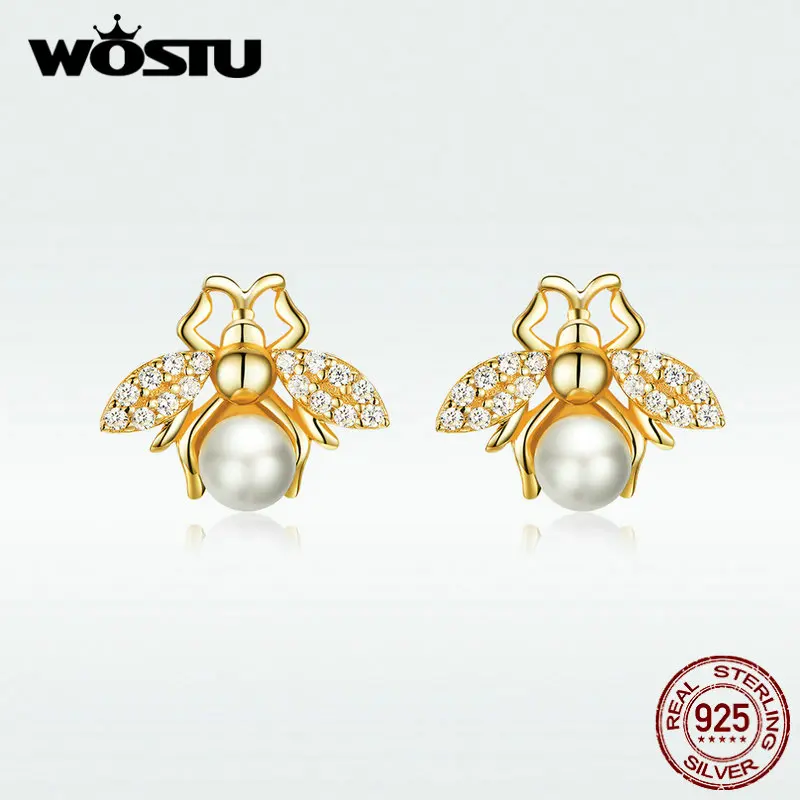 

WOSTU Gennuie 925 Sterling Silver Beetle Stud Earrings Crystal Clear Zircon Wings & Tail Pearls Earrings Jewelry BNE232