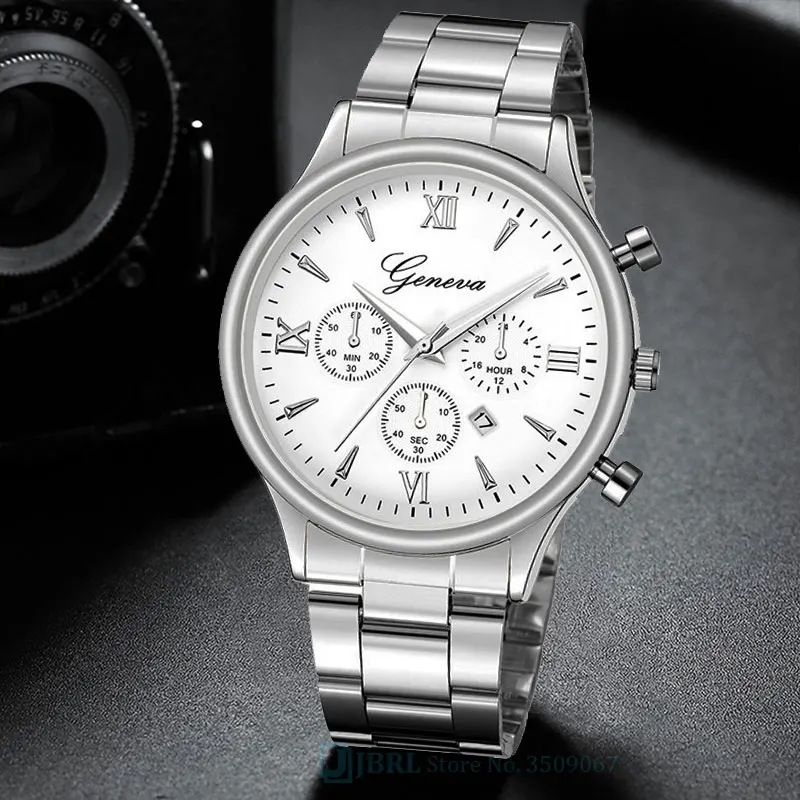 silver white Модные Аналоговые часы из нержавеющей стали Мужские кварцевые часы мужские часы с календарем наручные часы relogios masculino - Цвет: silver white