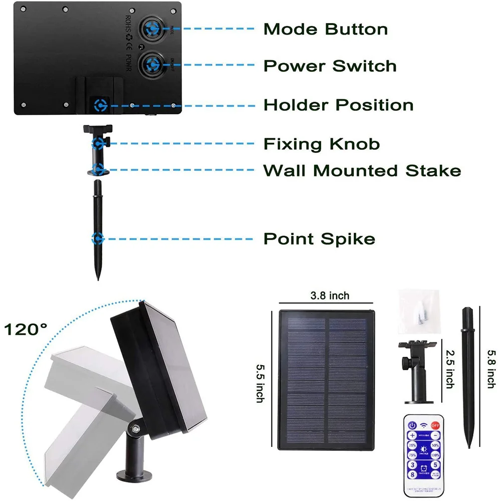 3.5m 124leds de controle remoto solar led