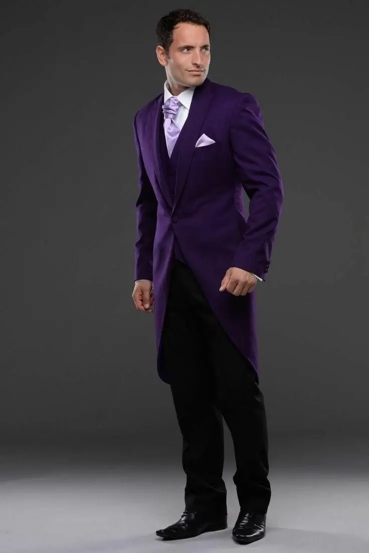 Man Purple Tailcoat Suit Formal Wedding Groomsman Suit Jacket Pants Vest Custom Two Pieces