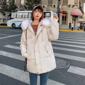 

Fashion Women Loose Down Jacket Solid Color Fur Hooded Parkas Polyester Coats Winter Warm Soft Oversized Clothing