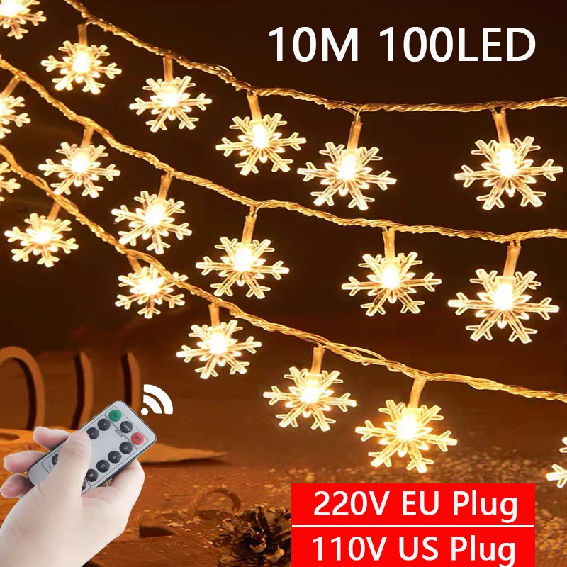 

10M 100LED LED Snowflake Garland Festoon 220V Christmas Fairy String Lights Outdoor For New Year Tree Festival Party Home Decor