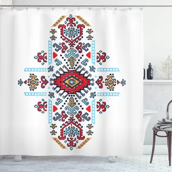 

Geometric Shower Curtain Mexican and Ornamental Folkloric Unique Vintage Pattern Bathroom Decor Set with Hooks 70" Long Ruby